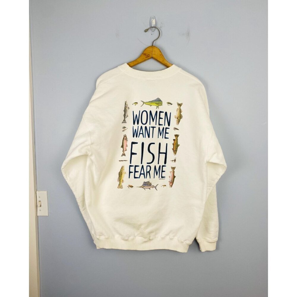 Vintage Women Want Me Fish Fear Me Crewneck Sweatshirt, Size XL, Go Fish Co Ltd.